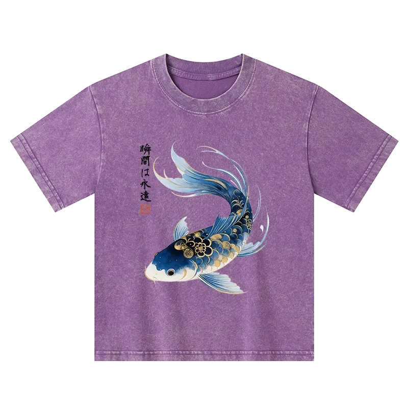 Tokyo-Tiger Elegant Koi Fish Watercolor Art Kids Washed T-Shirt