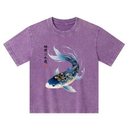 Tokyo-Tiger Elegant Koi Fish Watercolor Art Kids Washed T-Shirt
