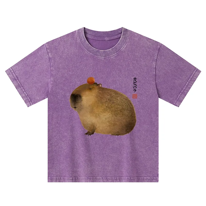 Tokyo-Tiger Calm Capybara Illustrations Kids Washed T-Shirt