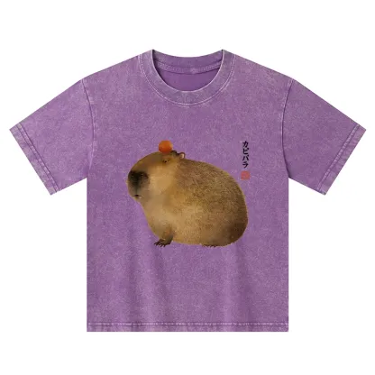 Tokyo-Tiger Calm Capybara Illustrations Kids Washed T-Shirt