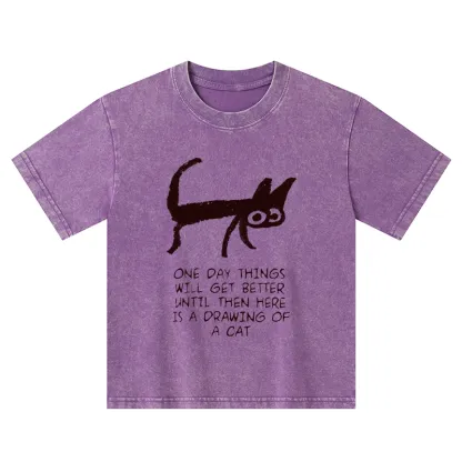 Tokyo-Tiger Cat Cheer Up Drawing Kids Washed T-Shirt