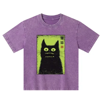 Tokyo-Tiger Spooky Black Cat Japanese Kids Washed T-Shirt