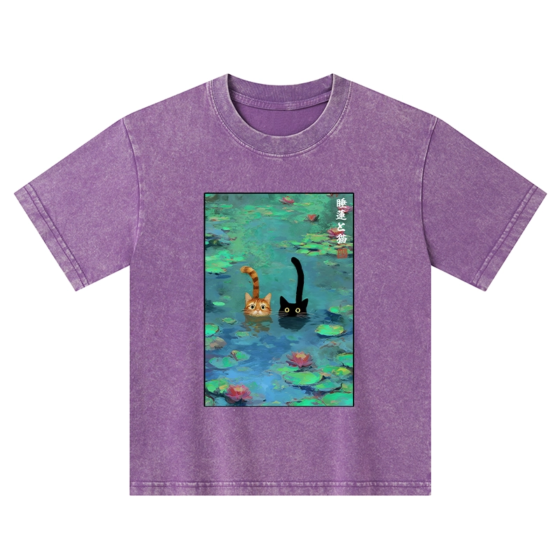 Tokyo-Tiger Funny Cats Swimming In Lilies Kids Washed T-Shirt