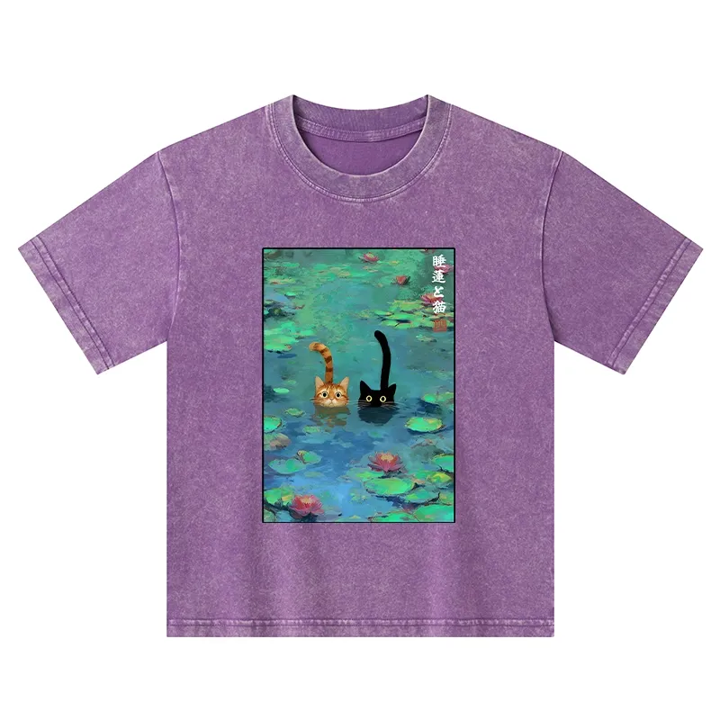 Tokyo-Tiger Funny Cats Swimming In Lilies Kids Washed T-Shirt