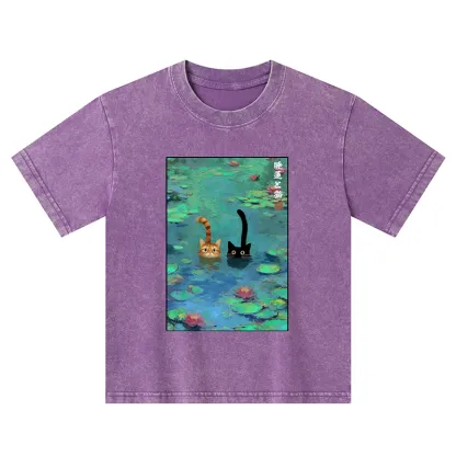 Tokyo-Tiger Funny Cats Swimming In Lilies Kids Washed T-Shirt
