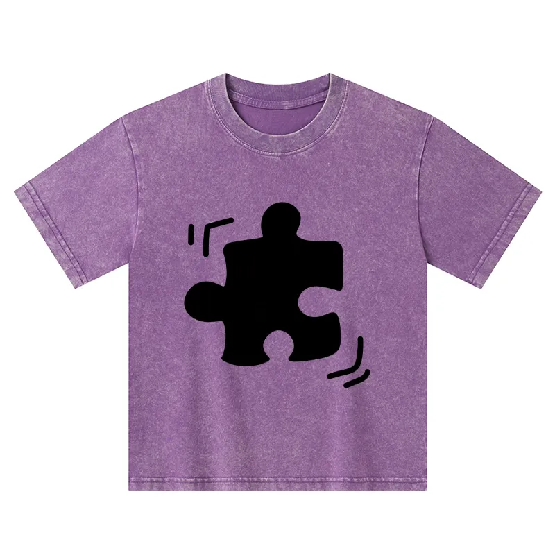 Tokyo-Tiger Black Puzzle Piece Kids Washed T-Shirt