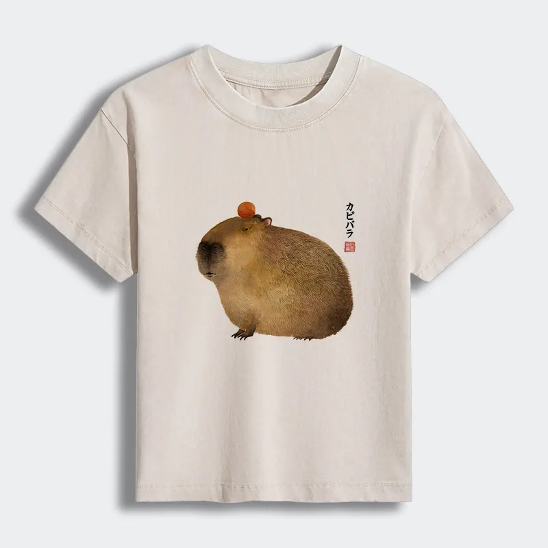 Tokyo-Tiger Calm Capybara Illustration Women's Washed T-shirt Sale