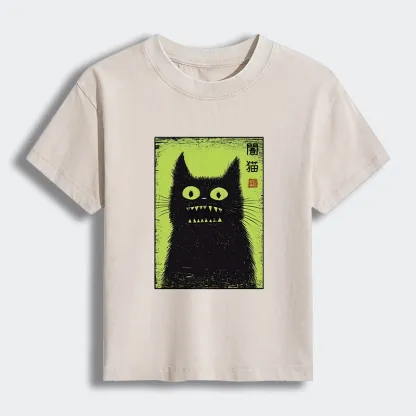 Tokyo-Tiger Spooky Black Cat Japanese Women's Washed T-shirt