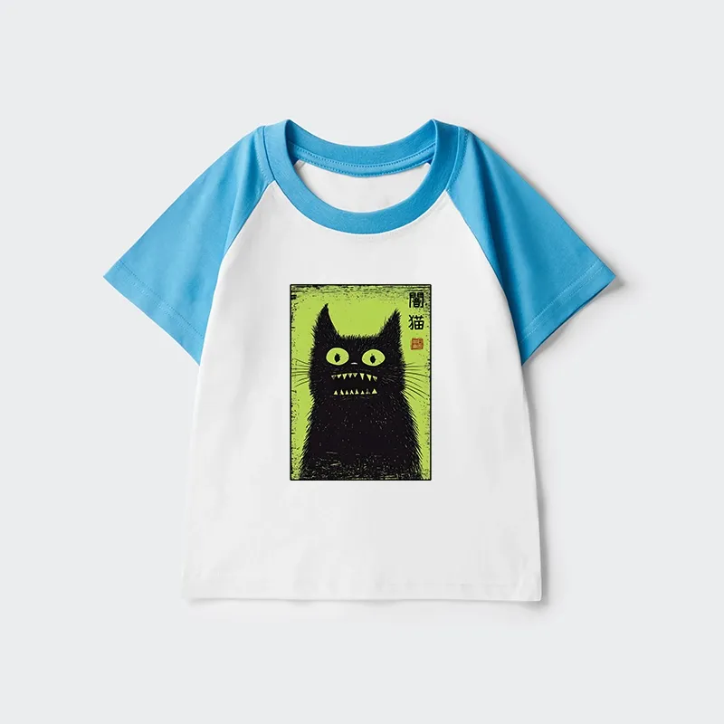 Tokyo-Tiger Spooky Black Cat Japanese Kids Raglan T-shirt