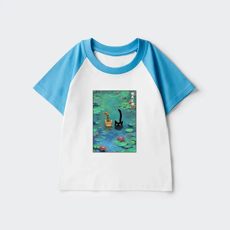 Tokyo-Tiger Funny Cats Swimming In Lilies Kids Raglan T-shirt