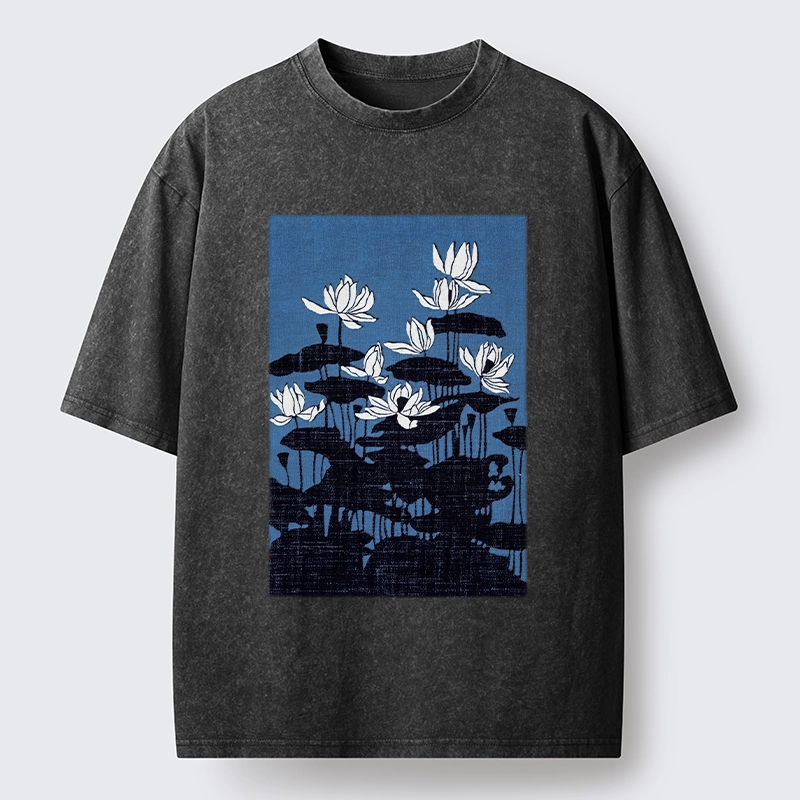 Tokyo-Tiger Blue Lotus Japanese Art Washed T-Shirt