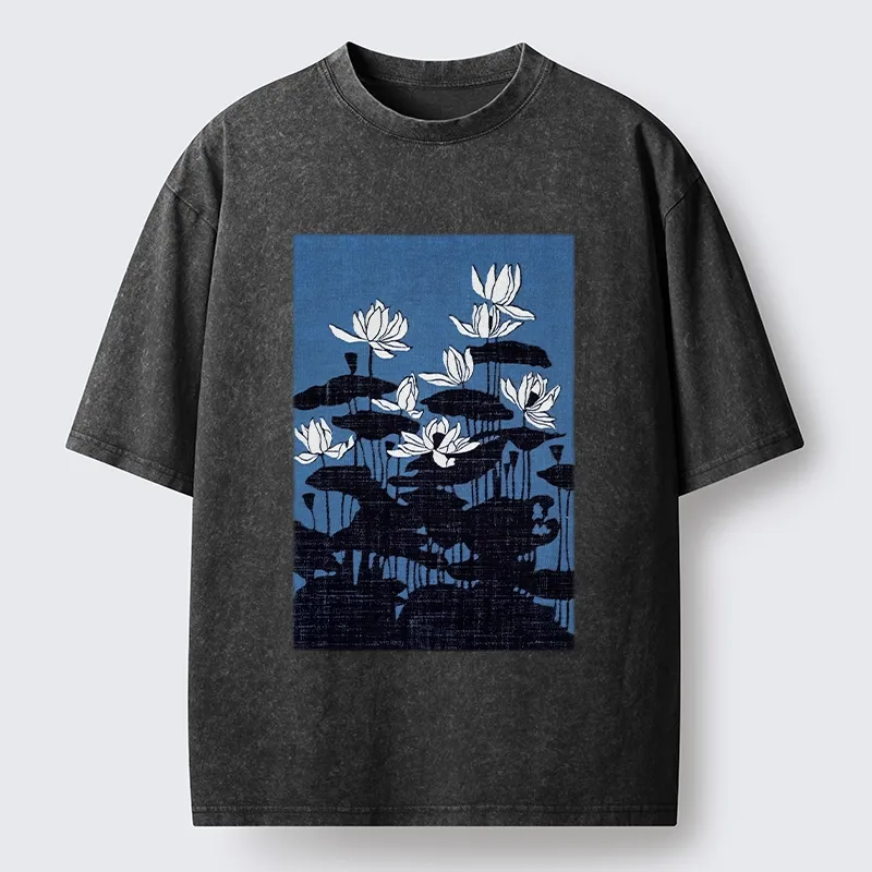 Tokyo-Tiger Blue Lotus Japanese Art Washed T-Shirt