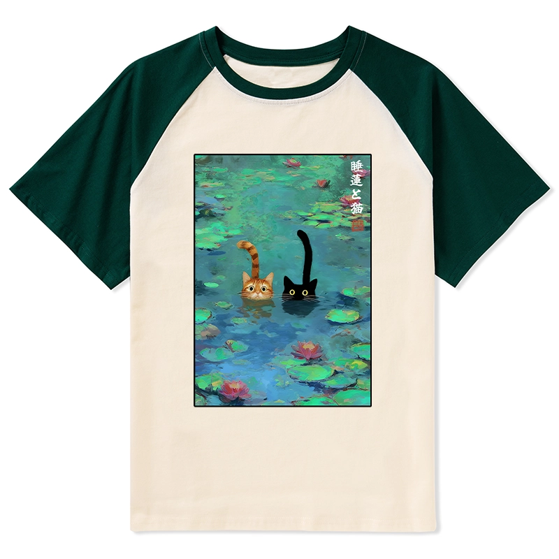 Tokyo-Tiger Funny Cats Swimming In Lilies Raglan T-shirt