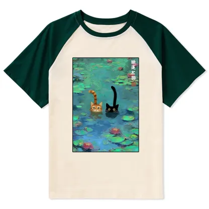 Tokyo-Tiger Funny Cats Swimming In Lilies Raglan T-shirt