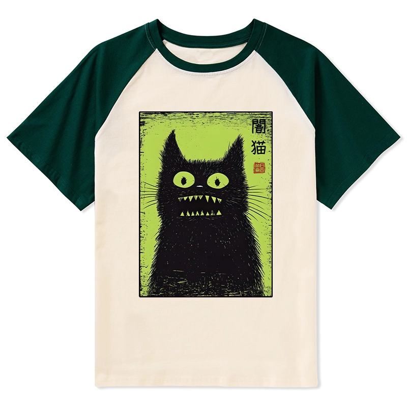 Tokyo-Tiger Spooky Black Cat Japanese Raglan T-shirt