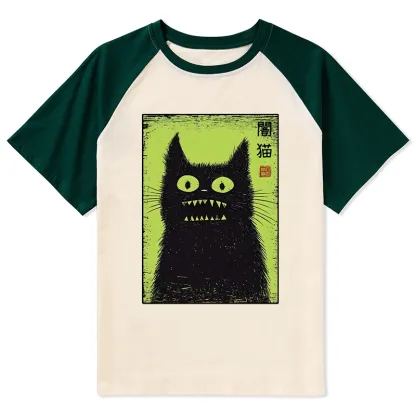 Tokyo-Tiger Spooky Black Cat Japanese Raglan T-shirt