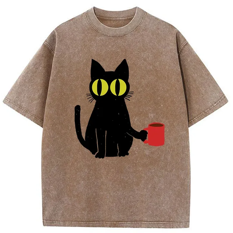 Tokyo-Tiger Cat Holding Coffee Washed T-Shirt