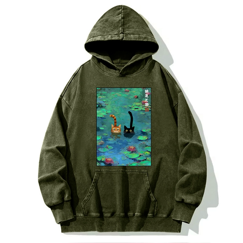 Tokyo-Tiger Funny Cats Swimming In Lilies Washed Hoodie
