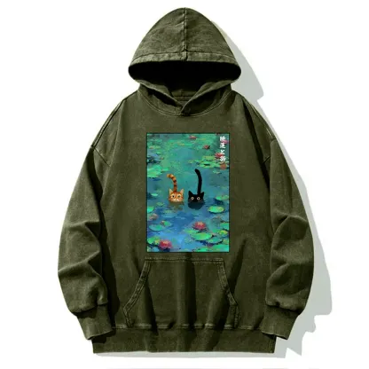 Tokyo-Tiger Funny Cats Swimming In Lilies Washed Hoodie