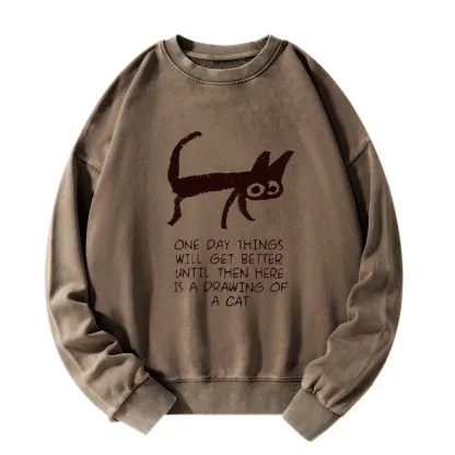 Tokyo-Tiger Cat Cheer Up Drawing Washed Sweatshirt