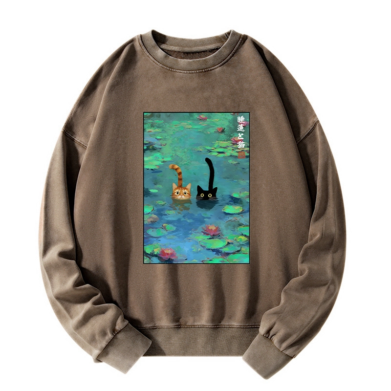 Tokyo-Tiger Funny Cats Swimming In Lilies Washed Sweatshirt