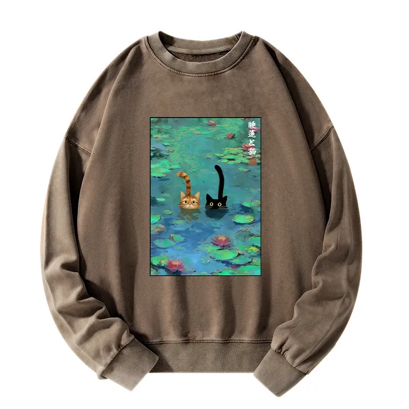 Tokyo-Tiger Funny Cats Swimming In Lilies Washed Sweatshirt