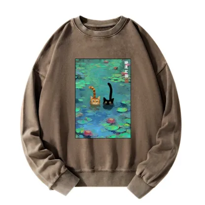 Tokyo-Tiger Funny Cats Swimming In Lilies Washed Sweatshirt
