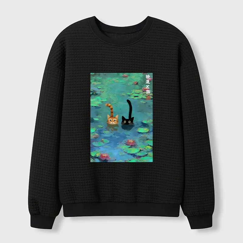 Tokyo-Tiger Funny Cats Swimming In Lilies Waffle Sweatshirt