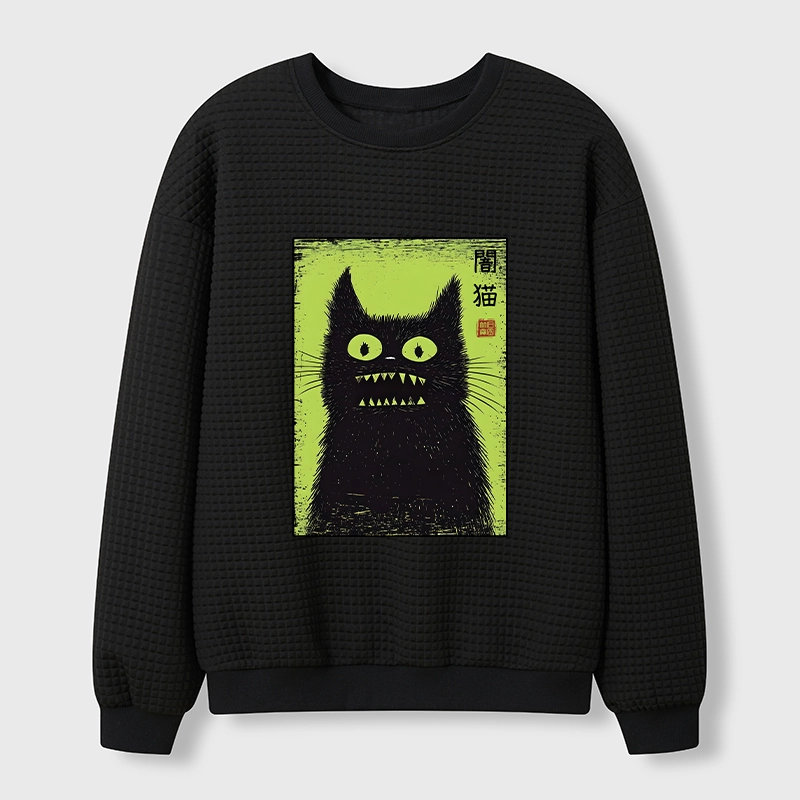 Tokyo-Tiger Spooky Black Cat Japanese Waffle Sweatshirt