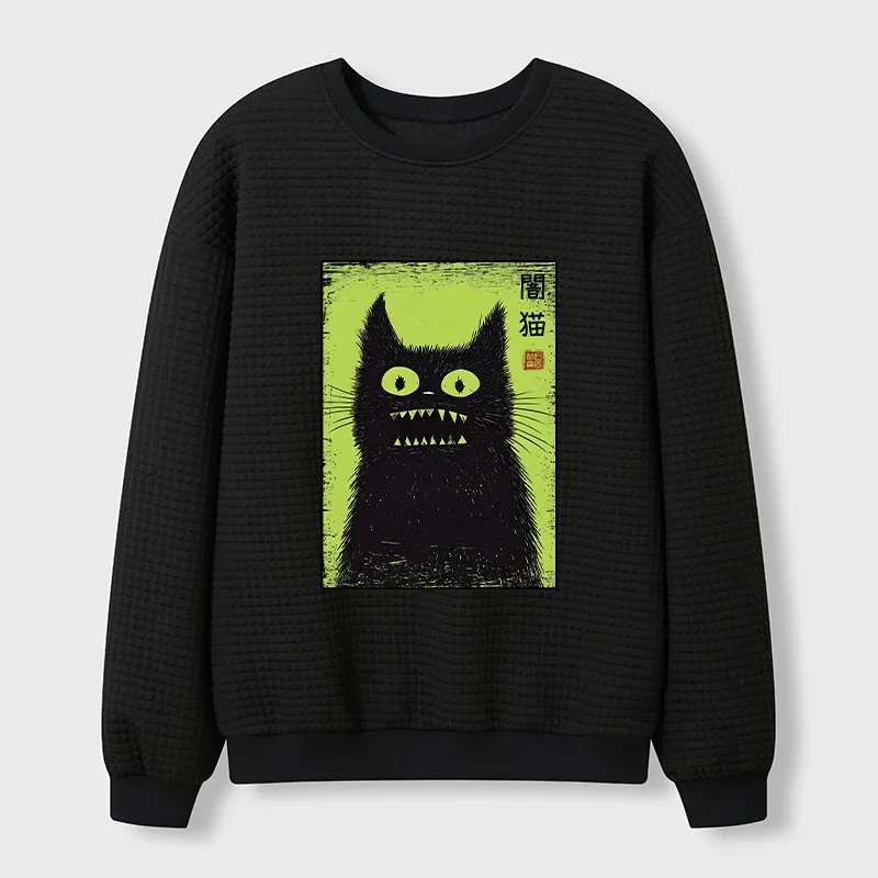 Tokyo-Tiger Spooky Black Cat Japanese Waffle Sweatshirt Sale