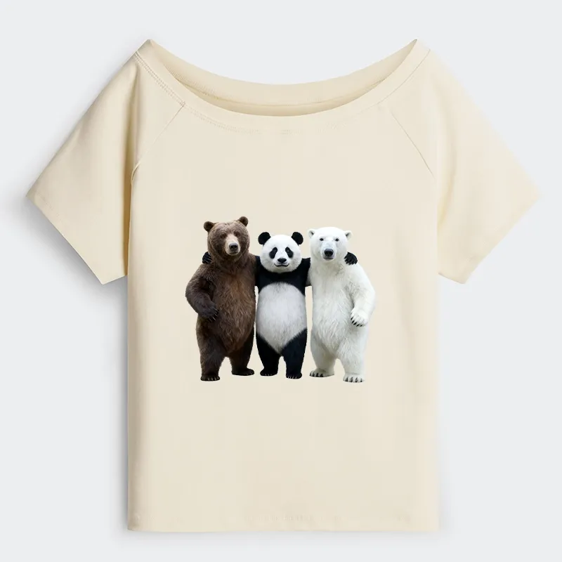 Tokyo-Tiger Three Bears Stand Together Off Shoulder T-Shirt