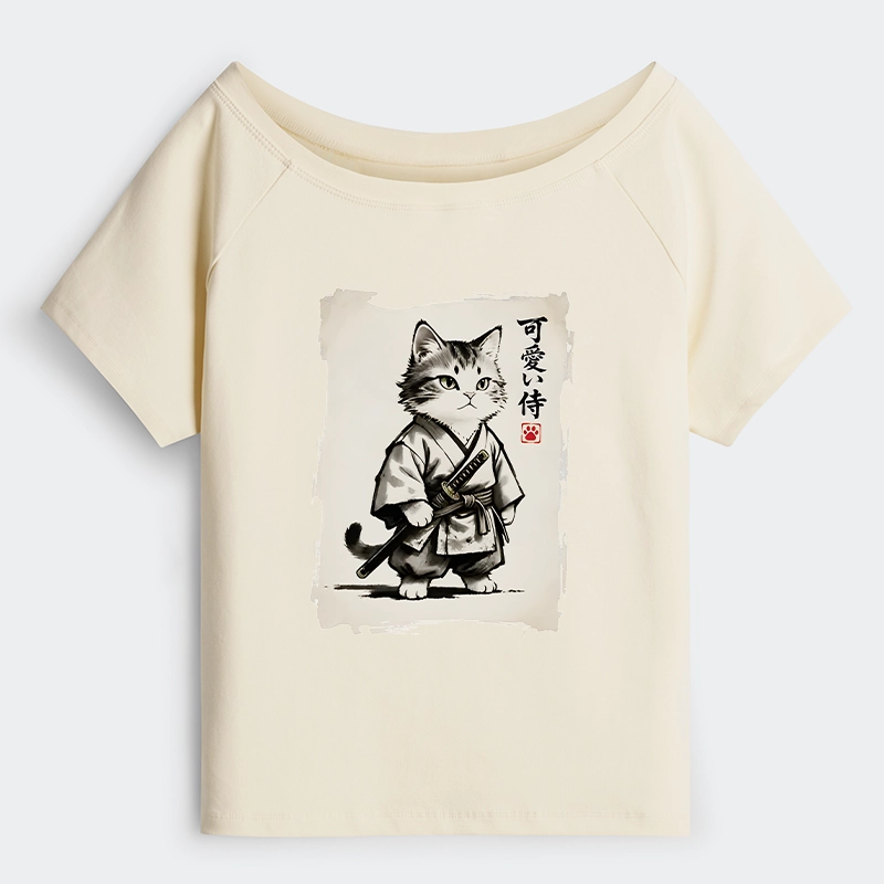 Tokyo-Tiger Japanese Samurai Cat Illustration Off Shoulder T-Shirt