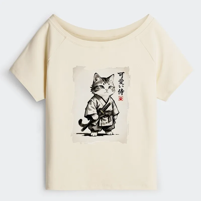Tokyo-Tiger Japanese Samurai Cat Illustration Off Shoulder T-Shirt