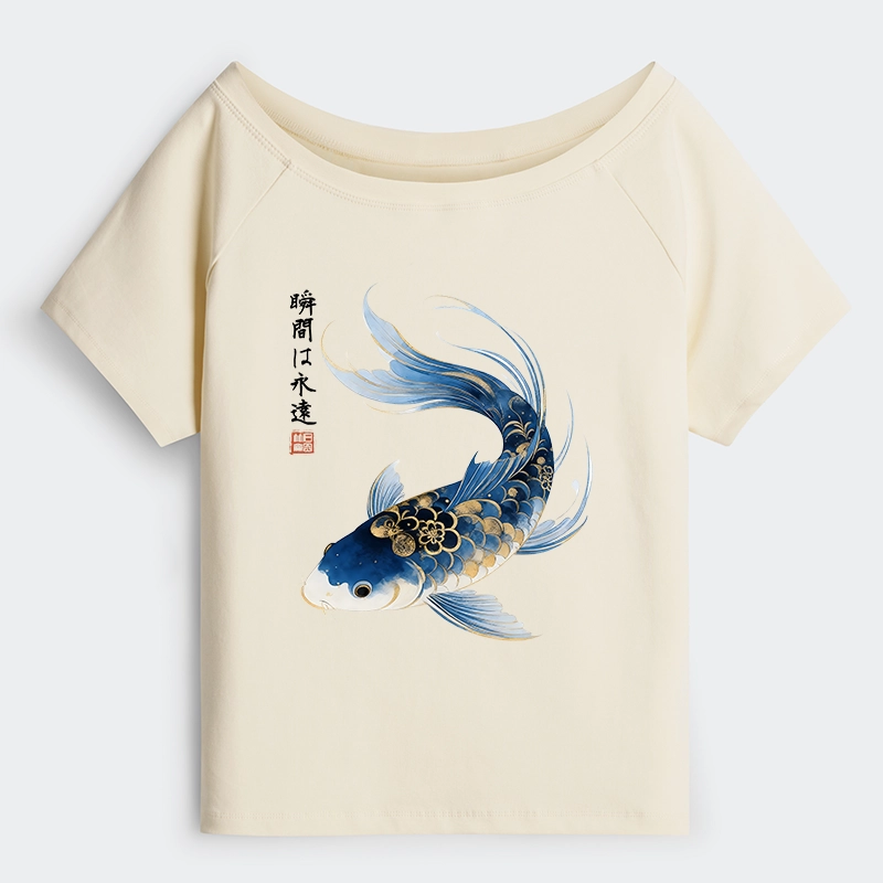 Tokyo-Tiger Elegant Koi Fish Watercolor Art Off Shoulder T-Shirt