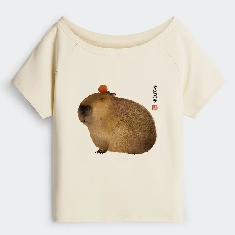 Tokyo-Tiger Calm Capybara Illustration Off Shoulder T-Shirt