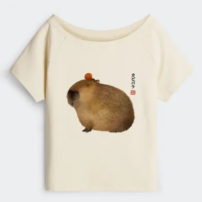 Tokyo-Tiger Calm Capybara Illustration Off Shoulder T-Shirt