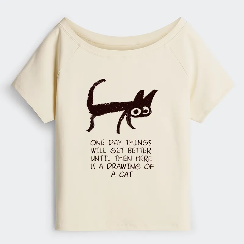 Tokyo-Tiger Cat Cheer Up Drawing Off Shoulder T-Shirt