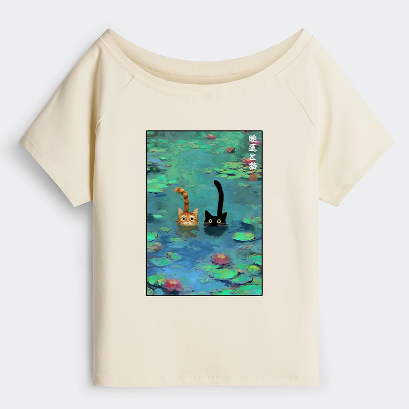 Tokyo-Tiger Funny Cats Swimming In Lilies Off Shoulder T-Shirt