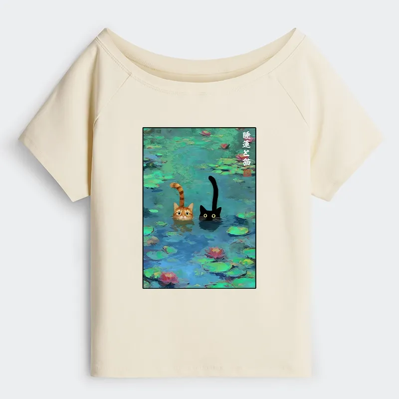Tokyo-Tiger Funny Cats Swimming In Lilies Off Shoulder T-Shirt