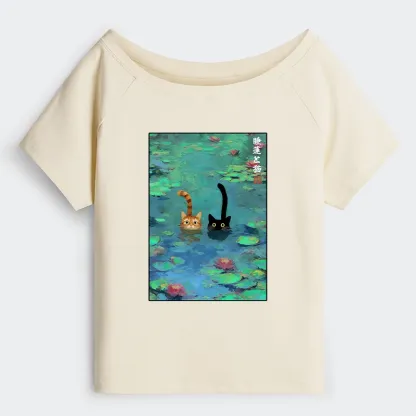 Tokyo-Tiger Funny Cats Swimming In Lilies Off Shoulder T-Shirt