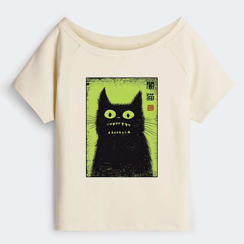 Tokyo-Tiger Spooky Black Cat Japanese Off Shoulder T-Shirt