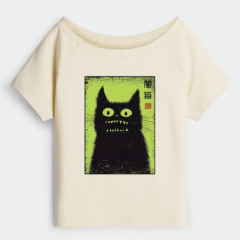 Tokyo-Tiger Spooky Black Cat Japanese Off Shoulder T-Shirt