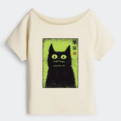 Tokyo-Tiger Spooky Black Cat Japanese Off Shoulder T-Shirt