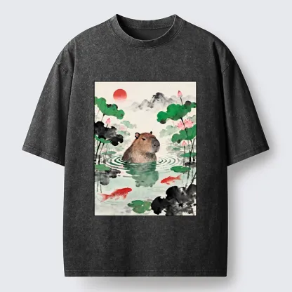 Tokyo-Tiger Chill Capybara In Water Washed T-Shirt