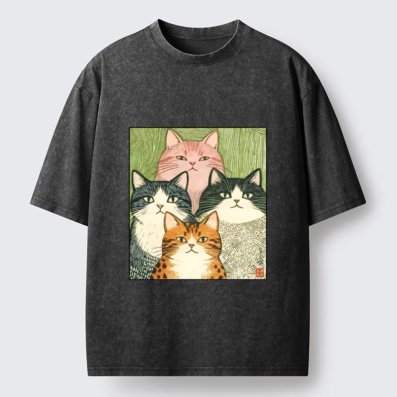 Tokyo-Tiger Funny Cat Squad Washed T-Shirt
