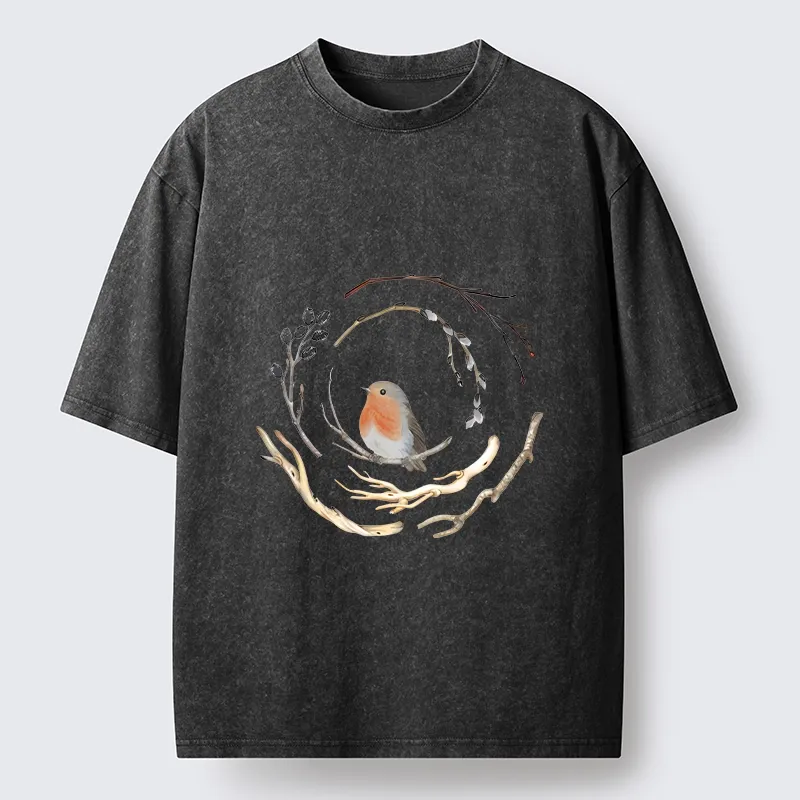 Tokyo-Tiger Cute Robin On Branch Washed T-Shirt
