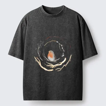 Tokyo-Tiger Cute Robin On Branch Washed T-Shirt