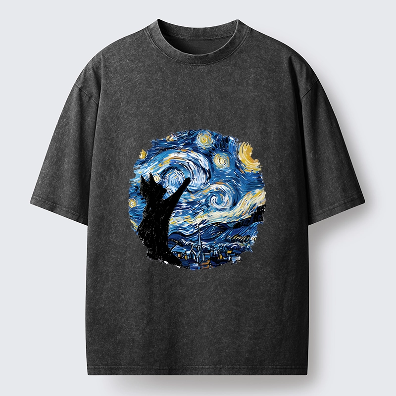 Tokyo-Tiger Starry Night Black Cat Washed T-Shirt