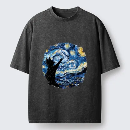 Tokyo-Tiger Starry Night Black Cat Washed T-Shirt