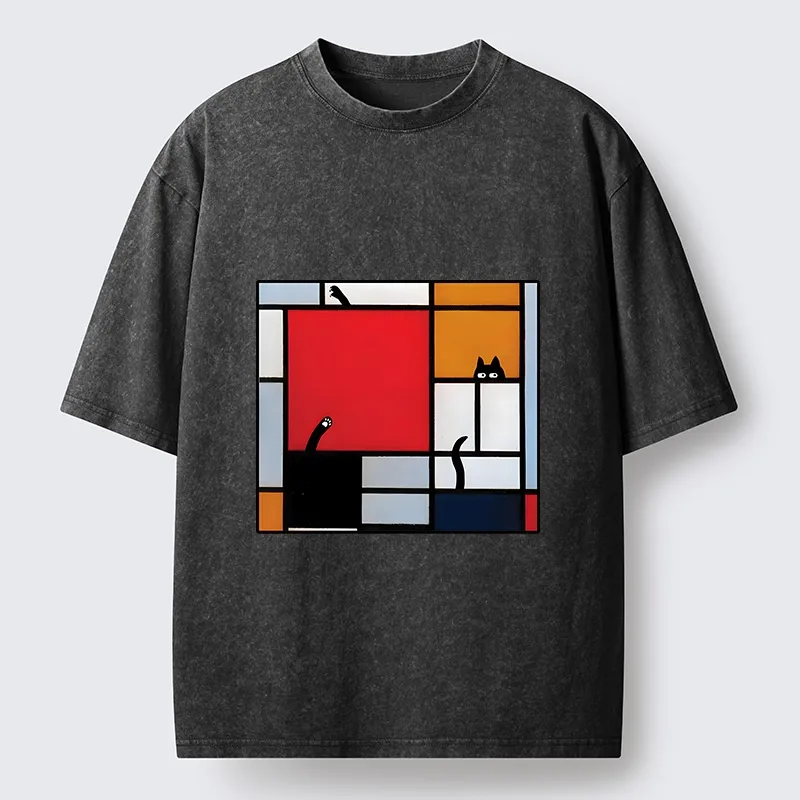 Tokyo-Tiger Geometric Cat Hide And Seek Washed T-Shirt